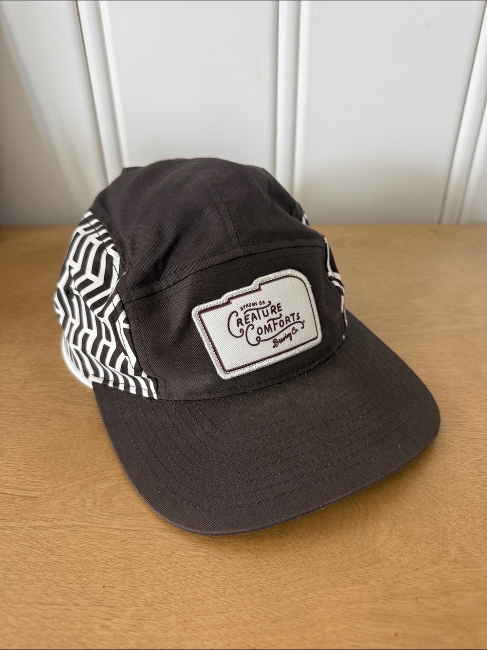 Black Five-Panel Hat with Patterned Side Panels